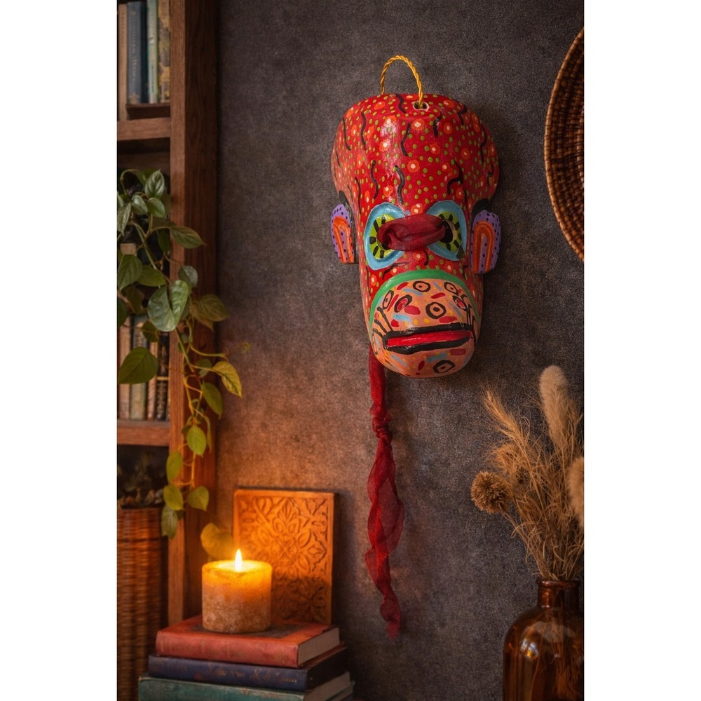 Hand Carved Wooden Tribal Mask Wall Hanging Folk Art Colorful Hand Painted Decor